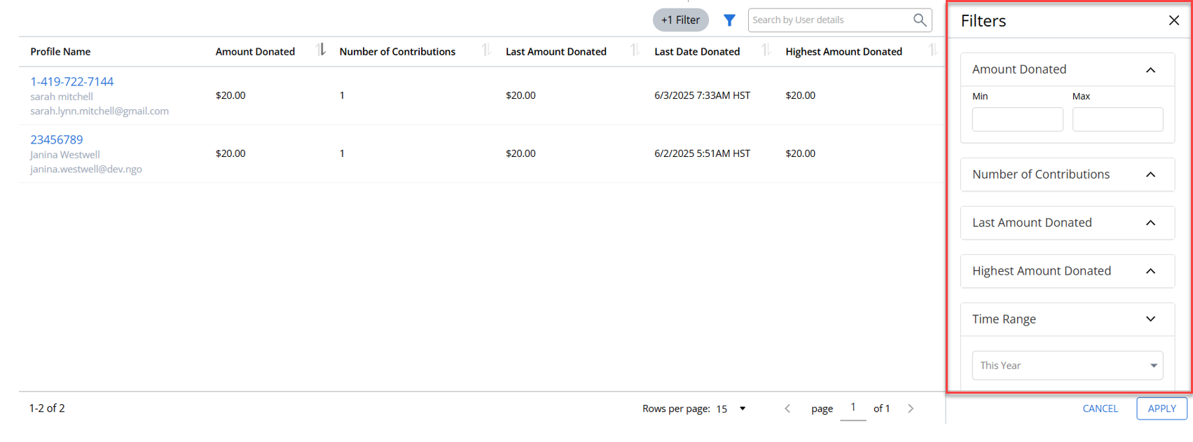 filter and sort on donations page
